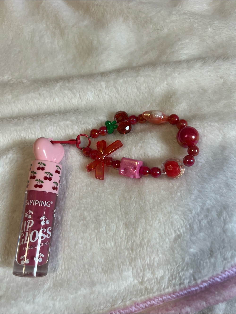 Pink Cherry Lip Gloss with Red Beaded Bag Charm